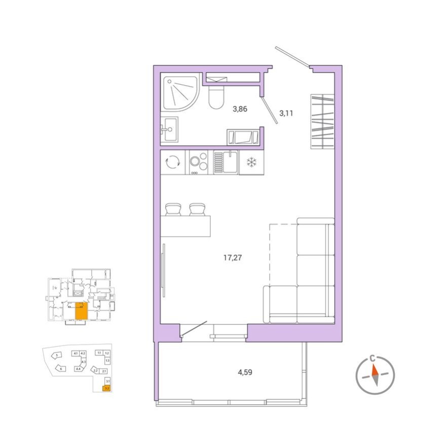 1к. квартира, 25.2 м²