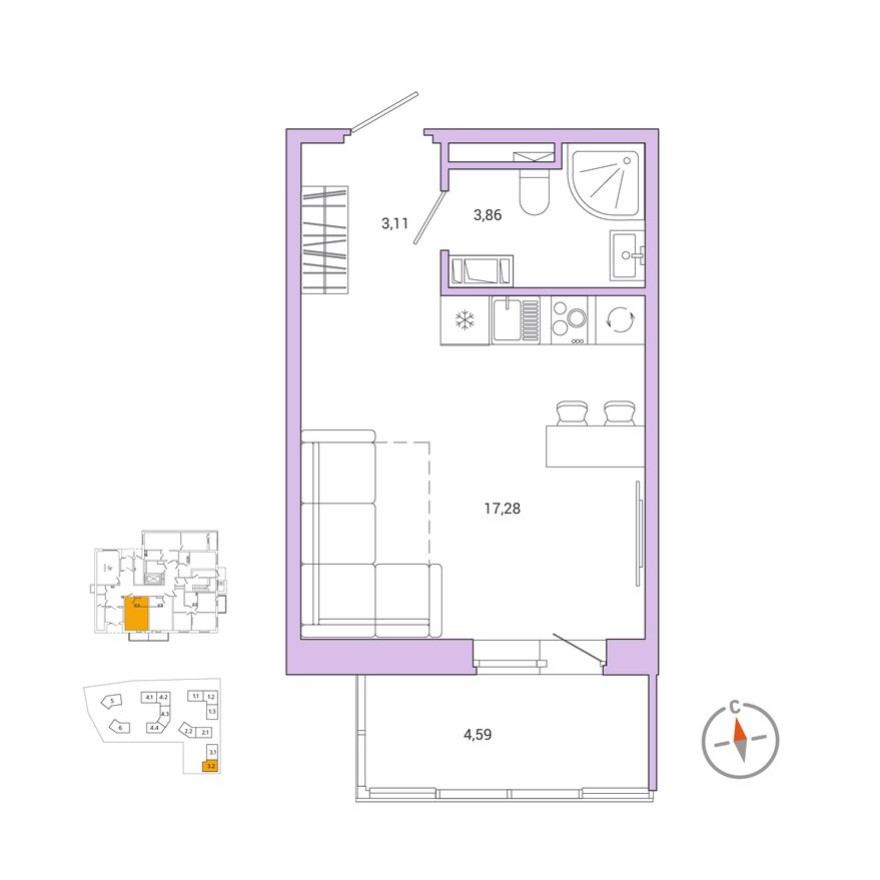 1к. квартира, 24.9 м²
