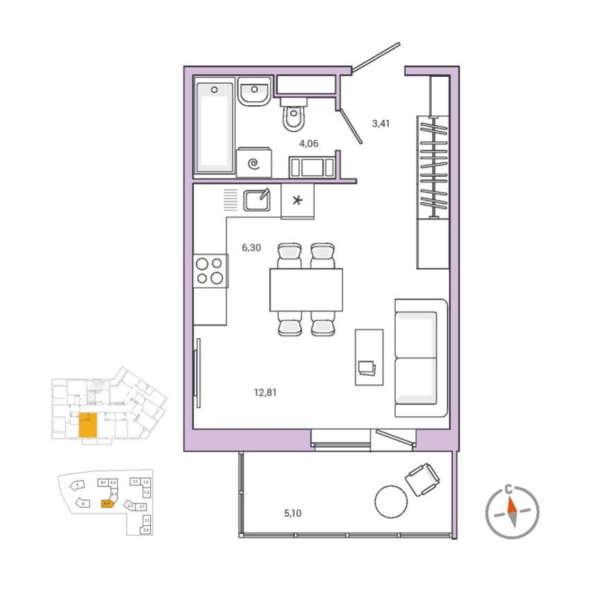 1к. квартира, 28.2 м²