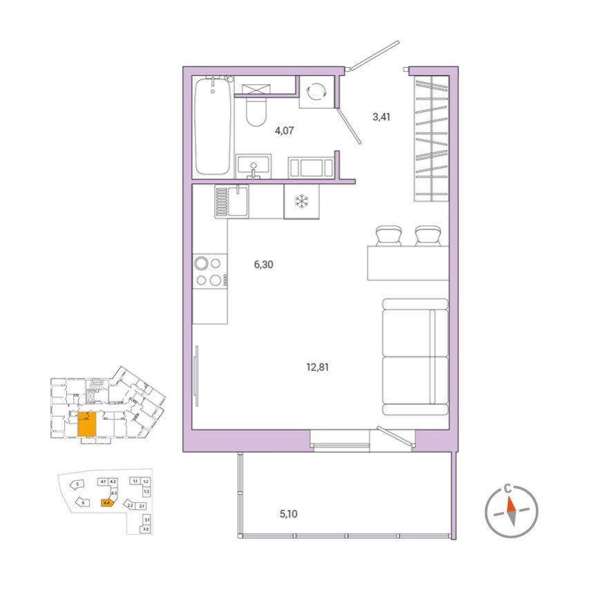 1к. квартира, 27.5 м²
