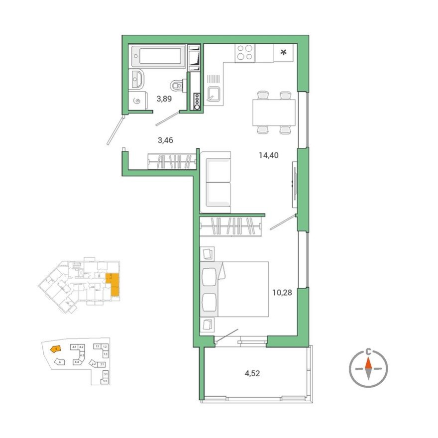 1к. квартира, 34.2 м²
