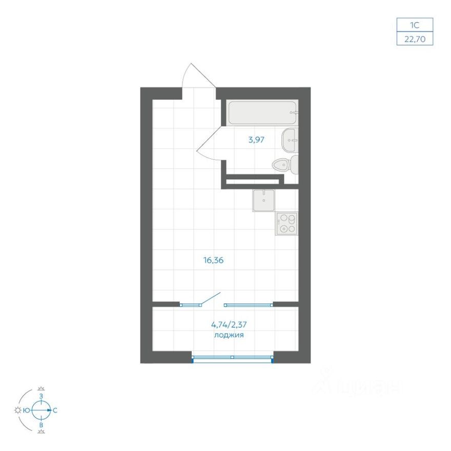 1к. квартира, 22.7 м²