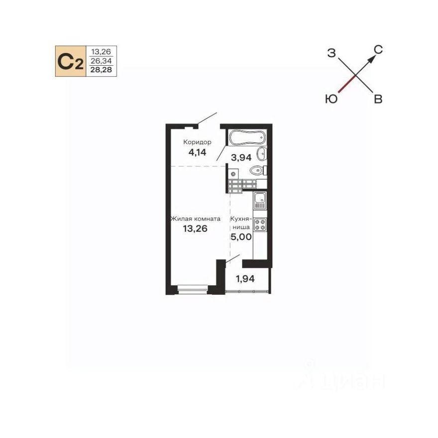 1к. квартира, 28.3 м²