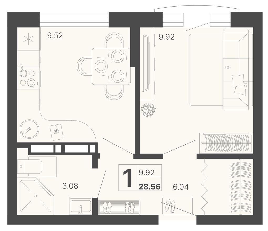 1к. квартира, 28.6 м²