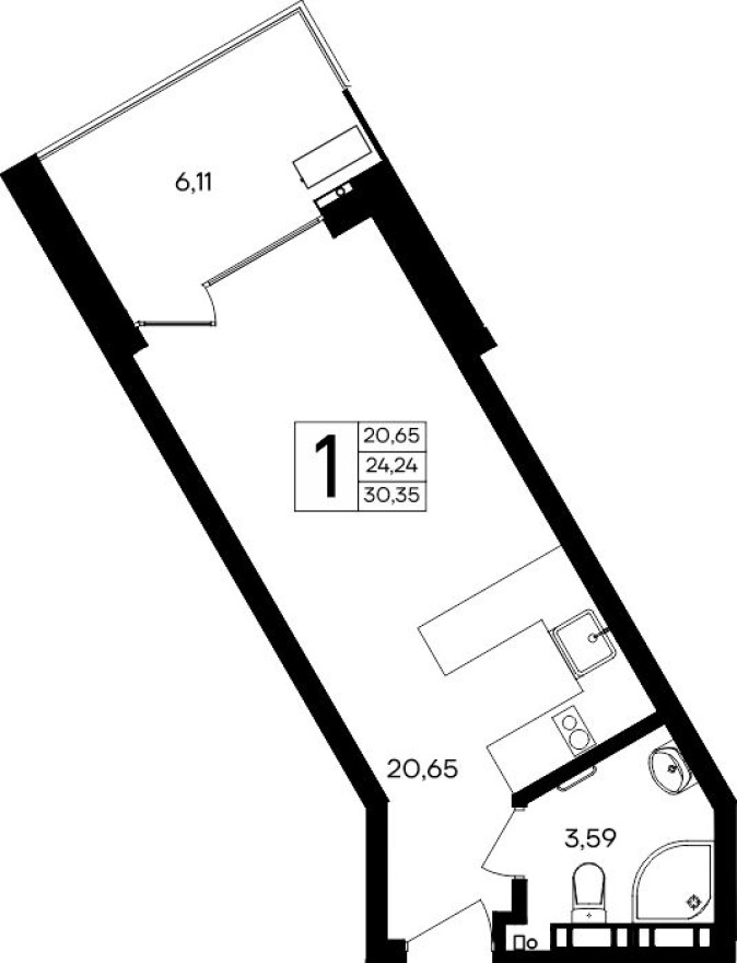 1к. квартира, 30.4 м²