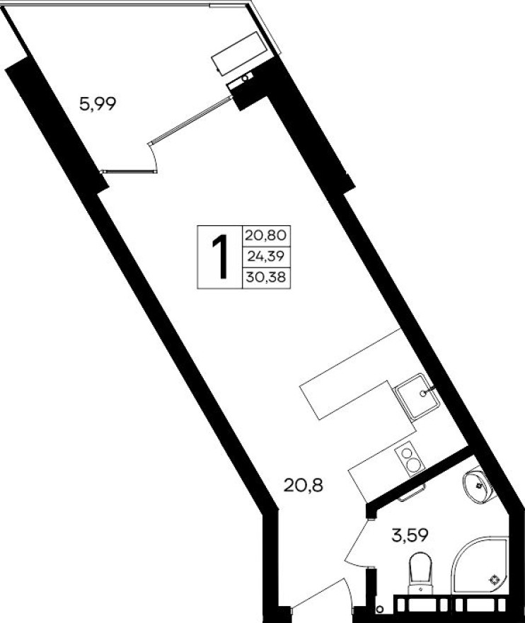1к. квартира, 30.4 м²