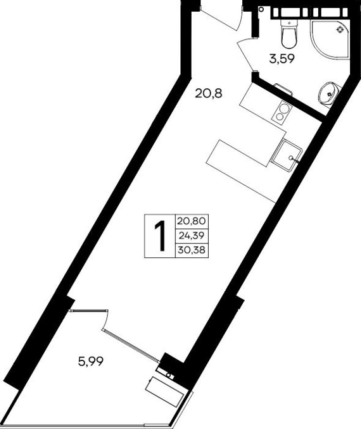 1к. квартира, 30.4 м²