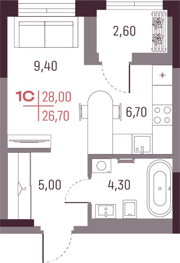 Студия-квартира, 26.7 м²