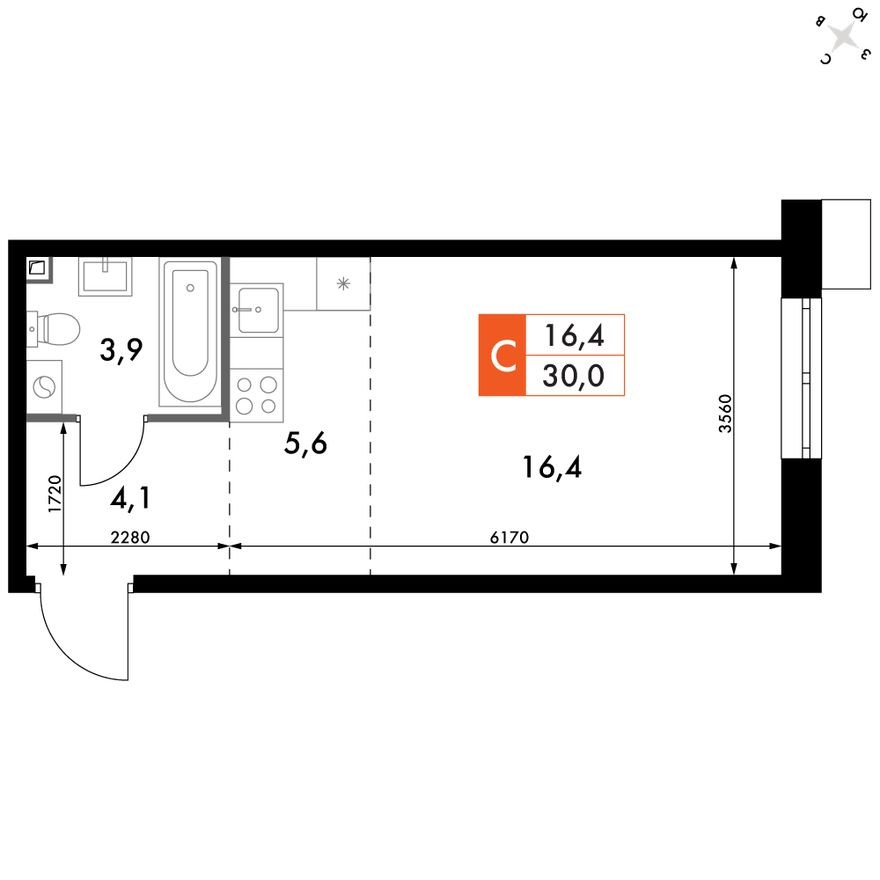 Студия-квартира, 30.0 м²