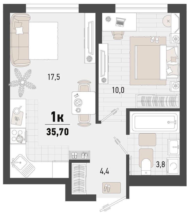 1к. квартира, 35.7 м²