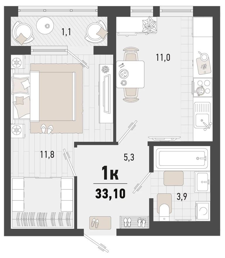 1к. квартира, 33.1 м²