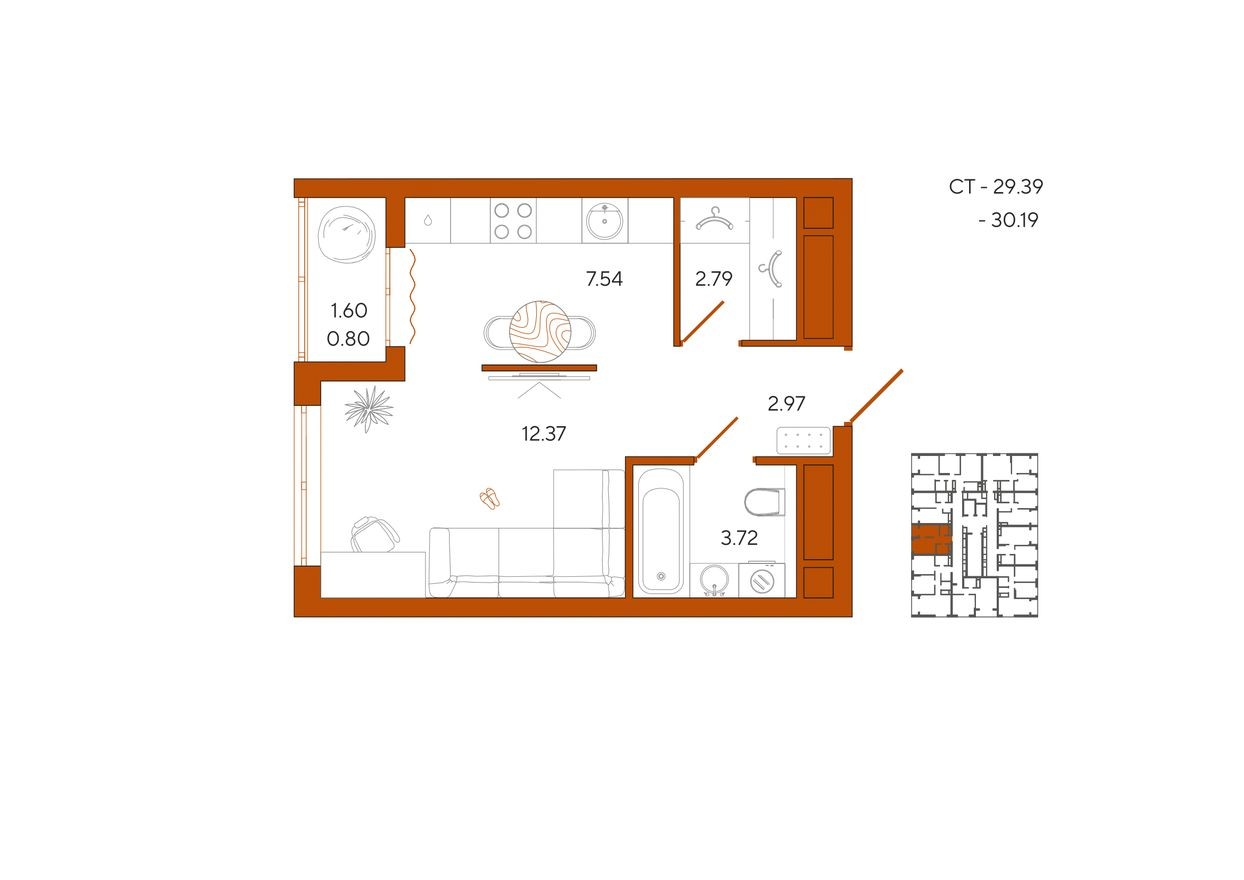1к. квартира, 30.2 м²
