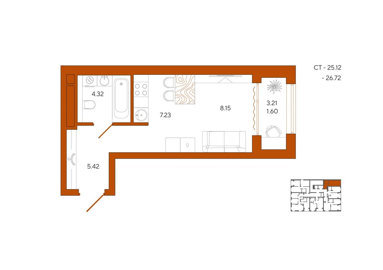 Студия-квартира, 26.7 м²