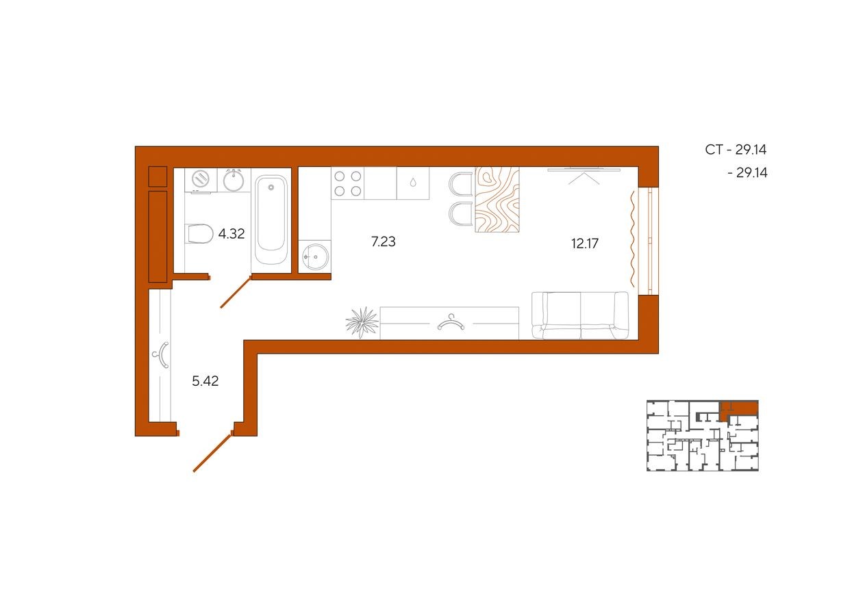 Студия-квартира, 29.1 м²
