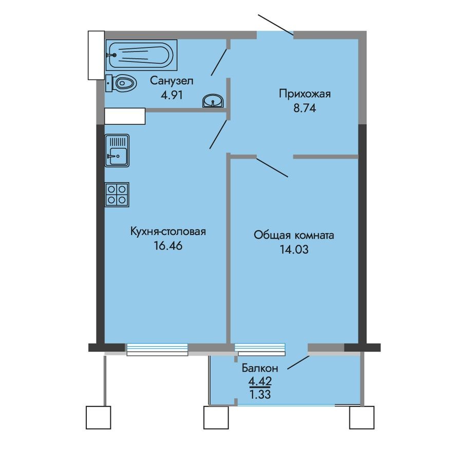 1е квартира, 45.5 м²