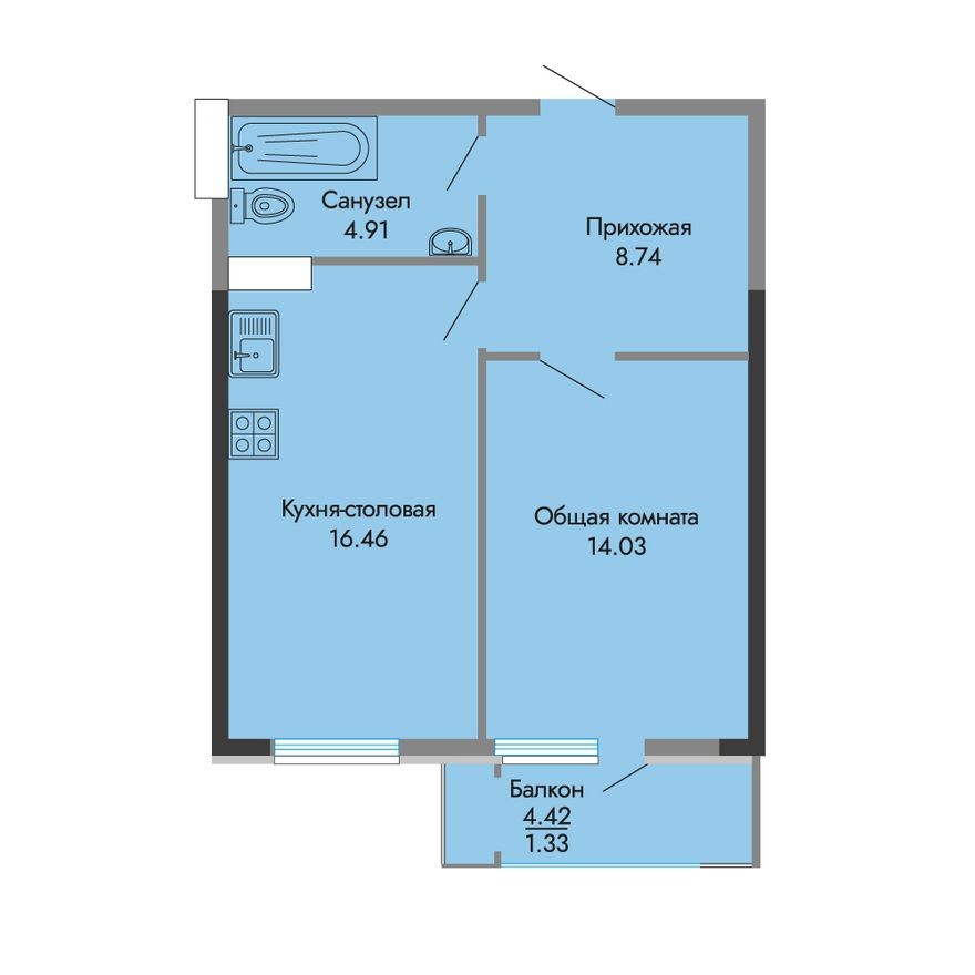 1е квартира, 45.5 м²