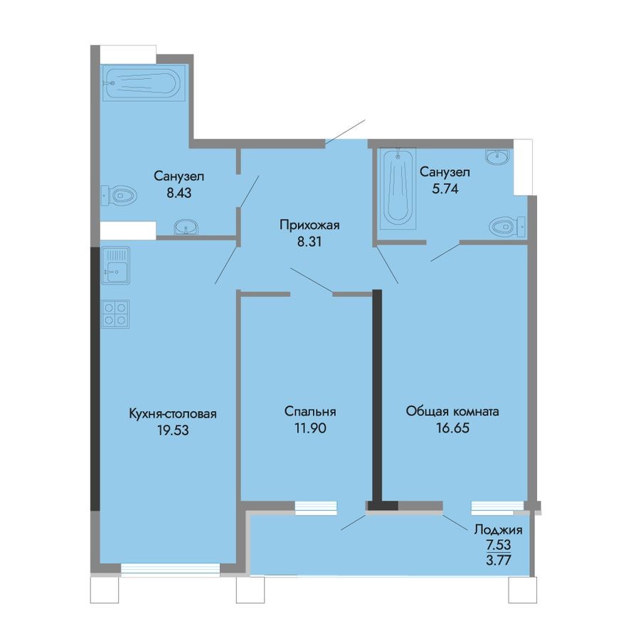 2е квартира, 74.3 м²