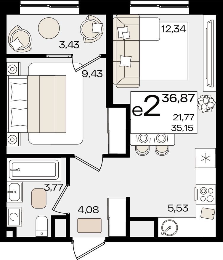 2е квартира, 36.9 м²
