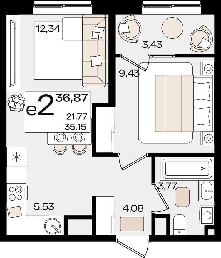 2е квартира, 36.9 м²