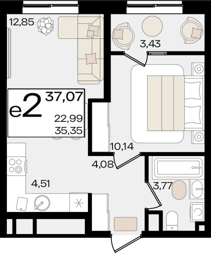 2е квартира, 37.1 м²