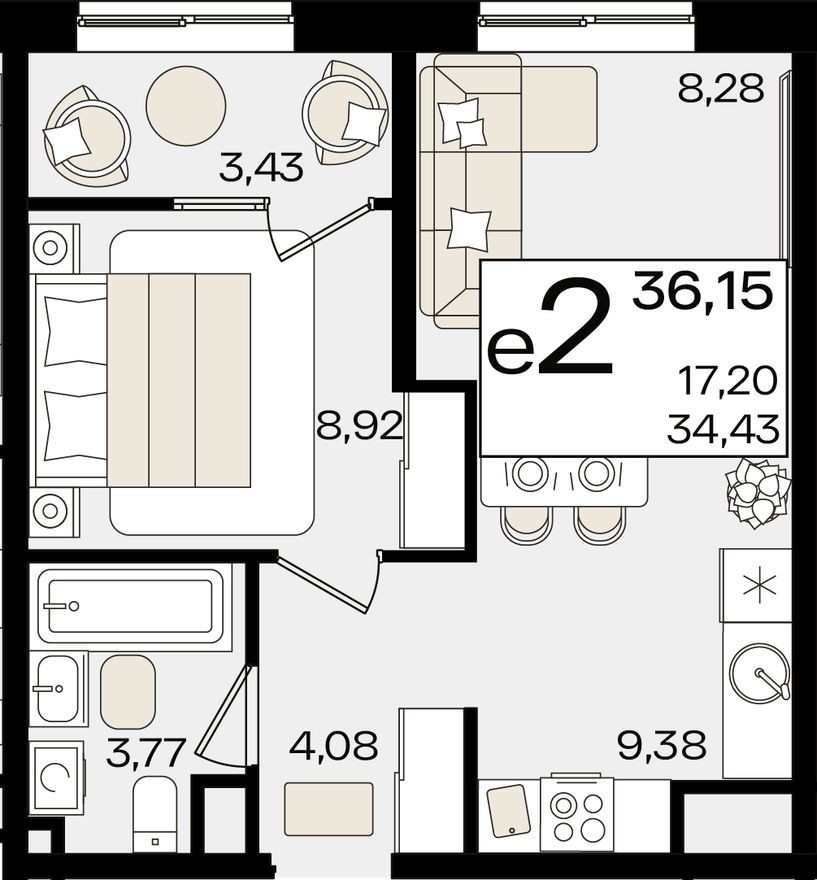 2е квартира, 36.2 м²
