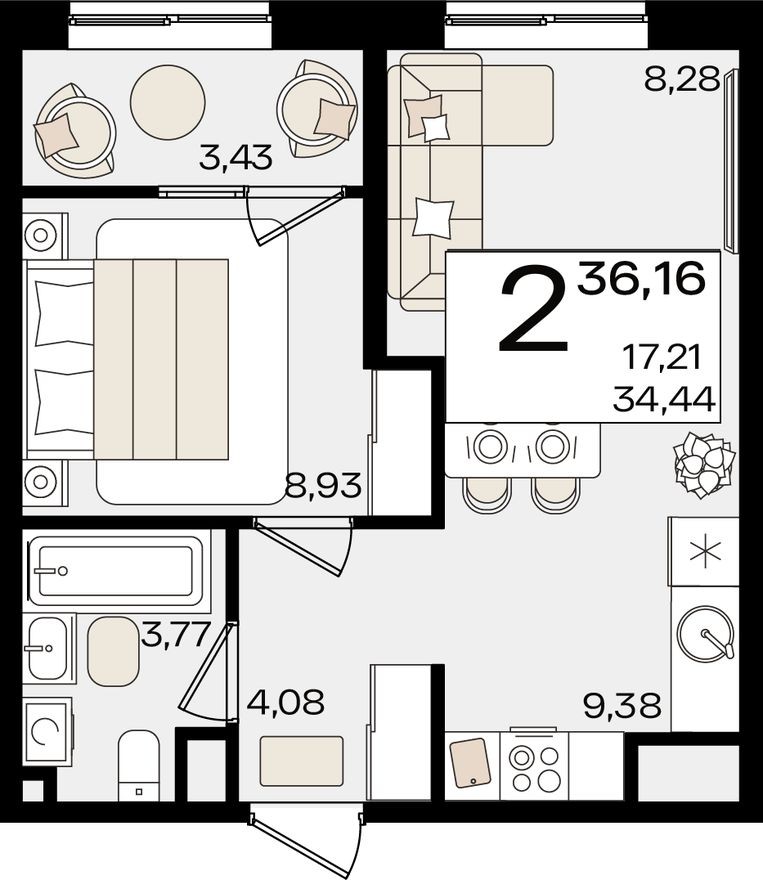 2е квартира, 36.2 м²