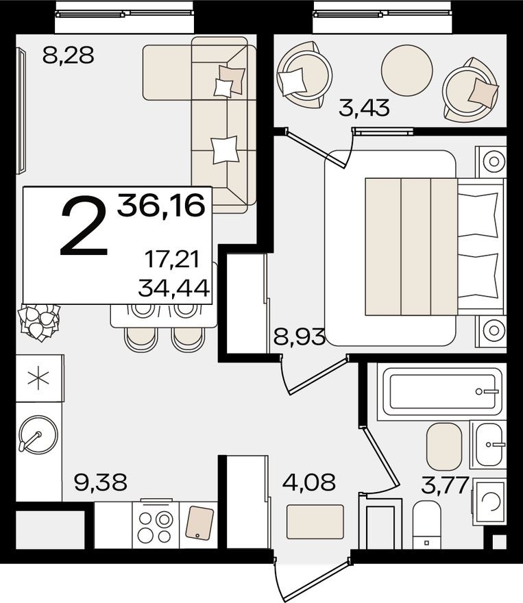 2е квартира, 36.2 м²