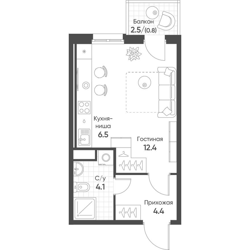 Студия-квартира, 28.1 м²