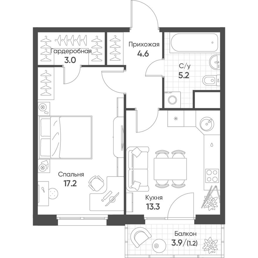 1к. квартира, 44.5 м²
