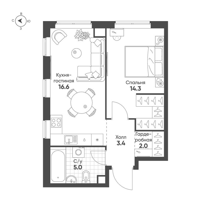 1к. квартира, 41.3 м²