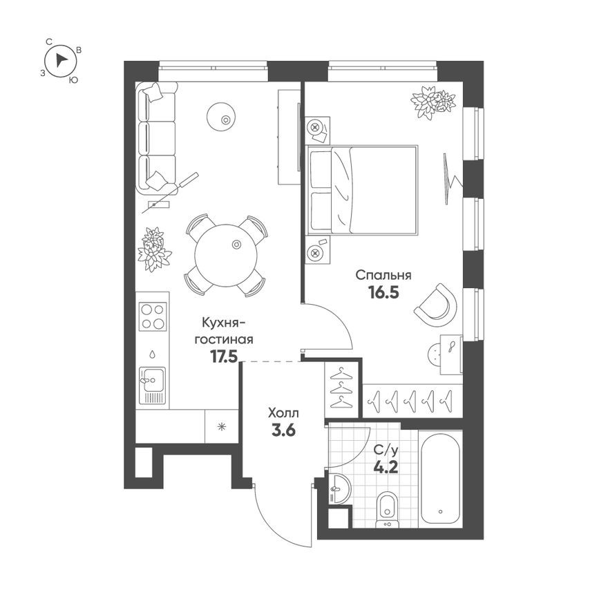 1к. квартира, 41.8 м²