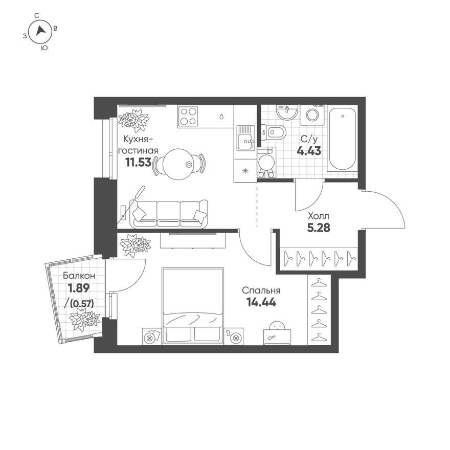 1к. квартира, 36.3 м²