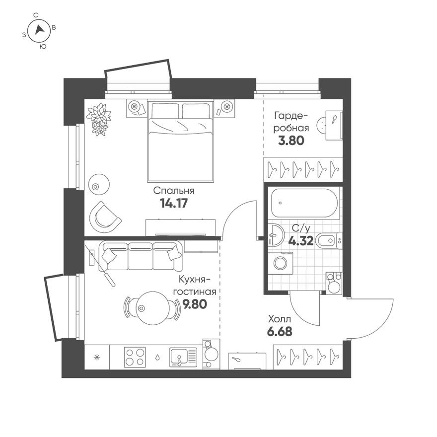 1к. квартира, 38.8 м²
