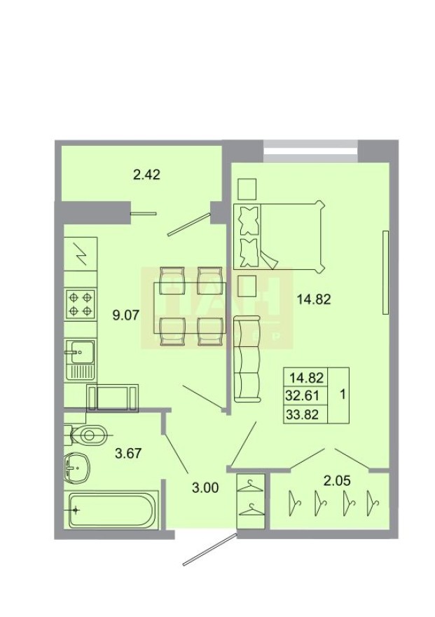 1к. квартира, 32.9 м²