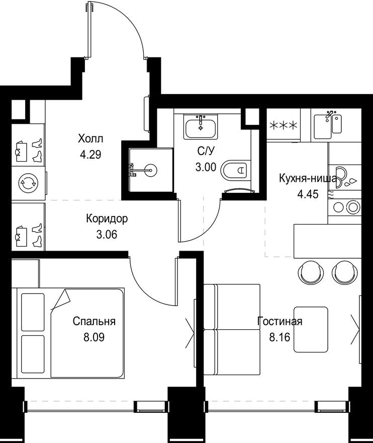 1к. квартира, 31.1 м²