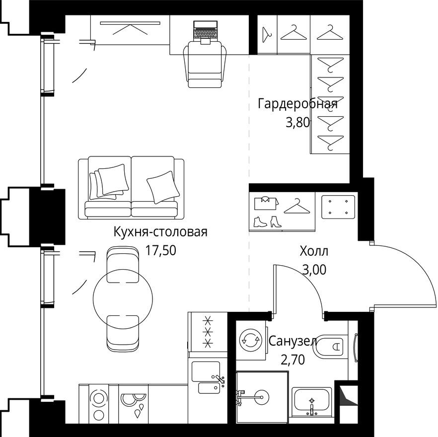 Студия-квартира, 27.0 м²