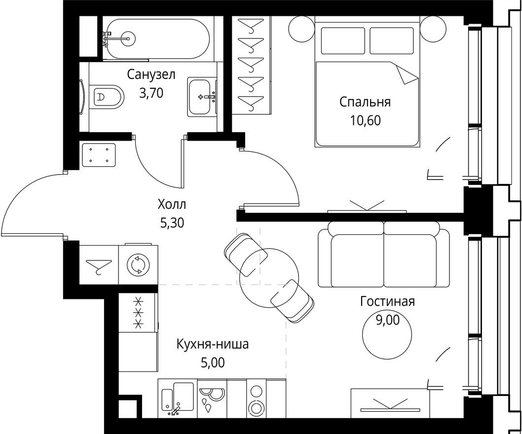 1к. квартира, 33.6 м²