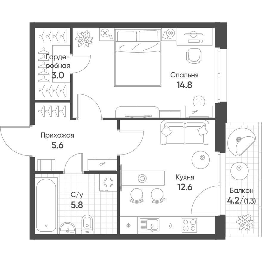1к. квартира, 43.1 м²
