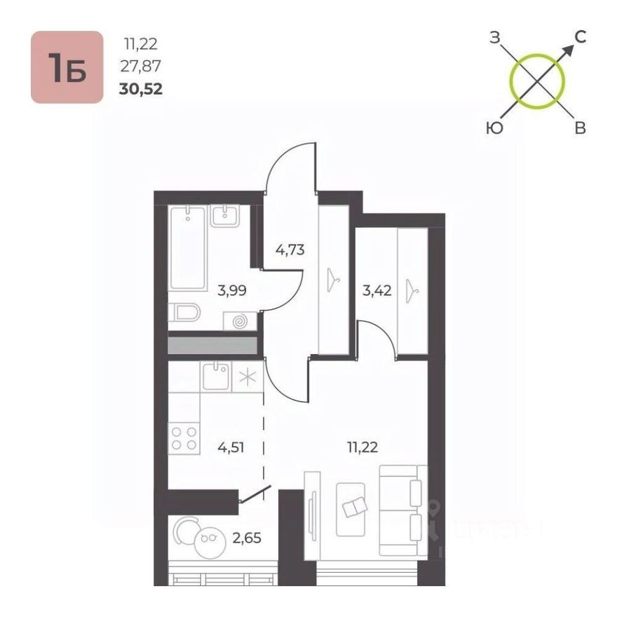 1к. квартира, 30.5 м²