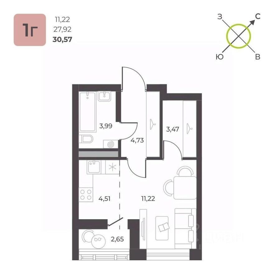 1к. квартира, 30.6 м²