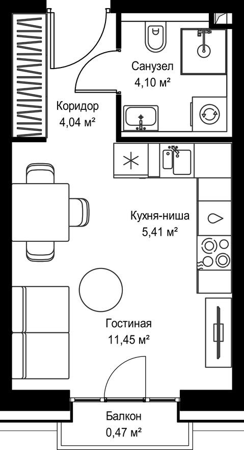 Студия-квартира, 25.5 м²
