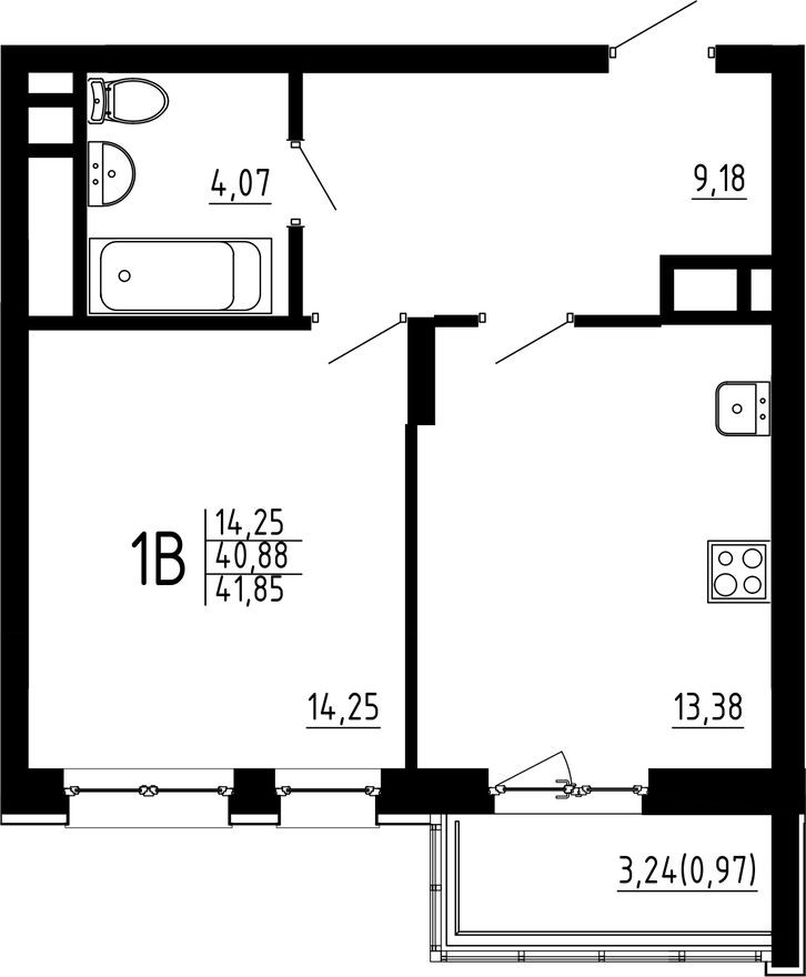1к. квартира, 41.9 м²
