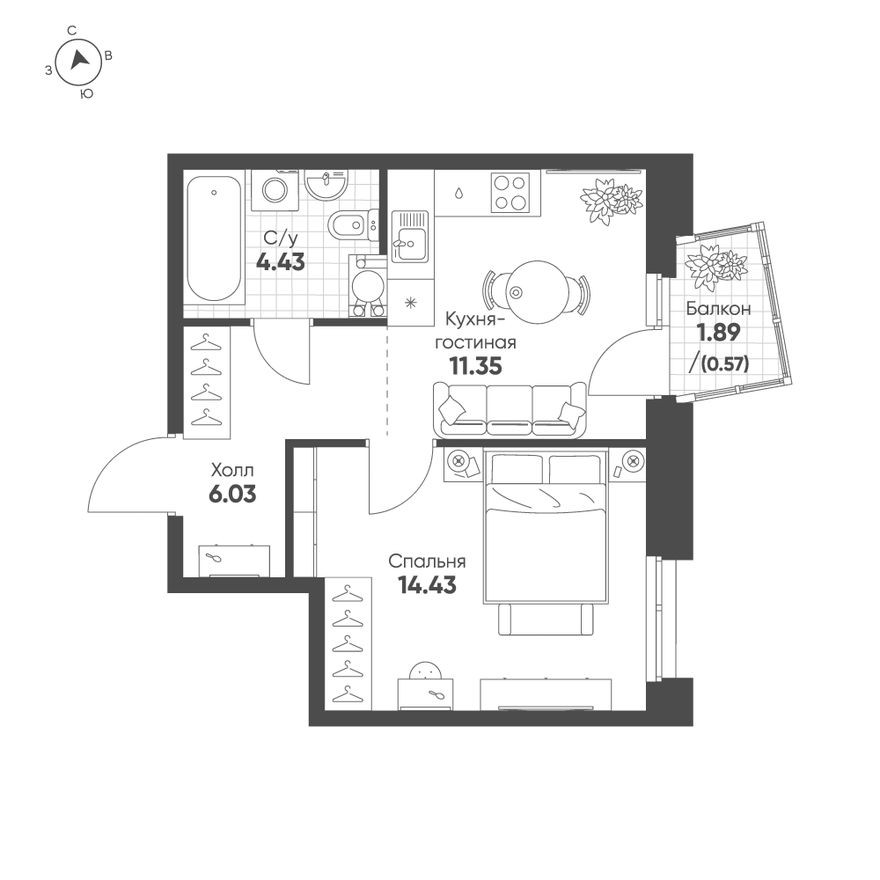 1к. квартира, 36.8 м²