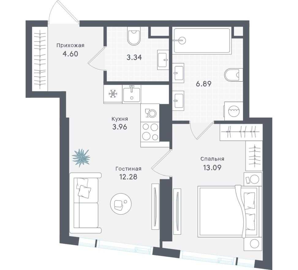 1к. квартира, 44.2 м²