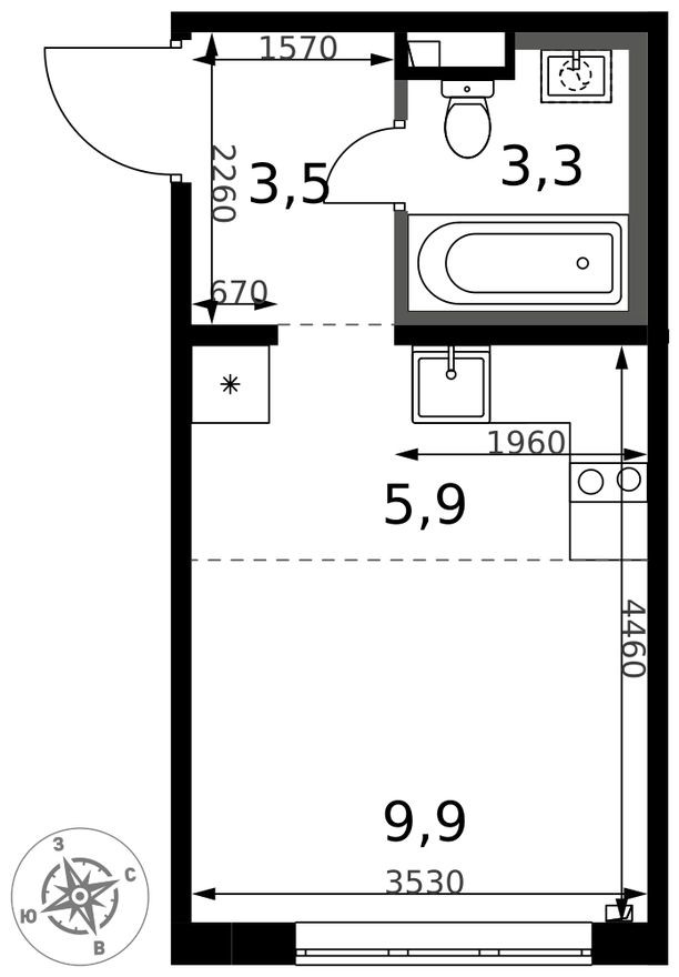 Студия-квартира, 22.6 м²