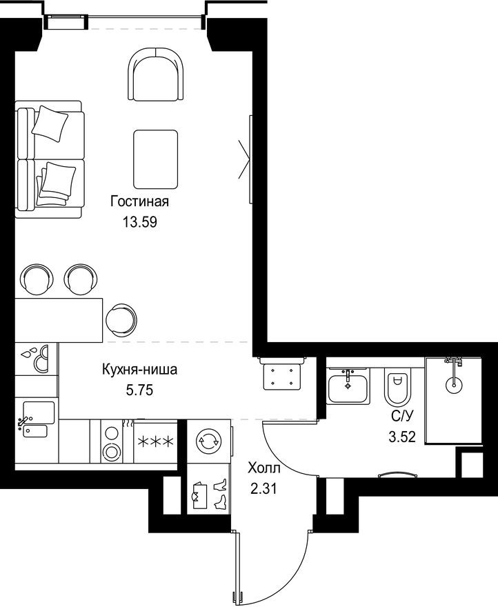 Студия-квартира, 25.2 м²