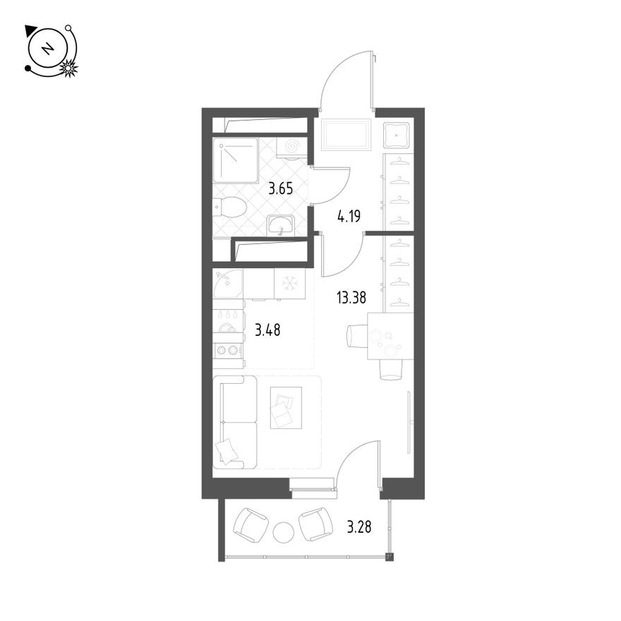 Студия-квартира, 25.4 м²