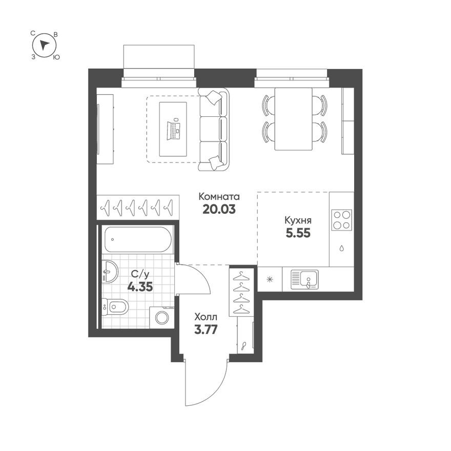Студия-квартира, 33.7 м²