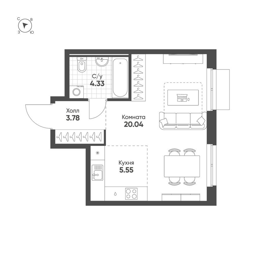 Студия-квартира, 33.7 м²