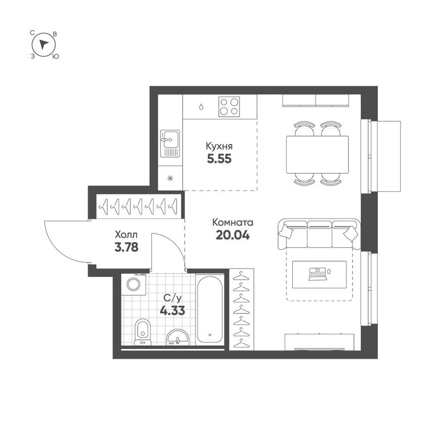 Студия-квартира, 33.7 м²